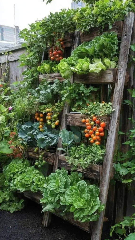 urban garden, vertical ladder, vegetables, plants