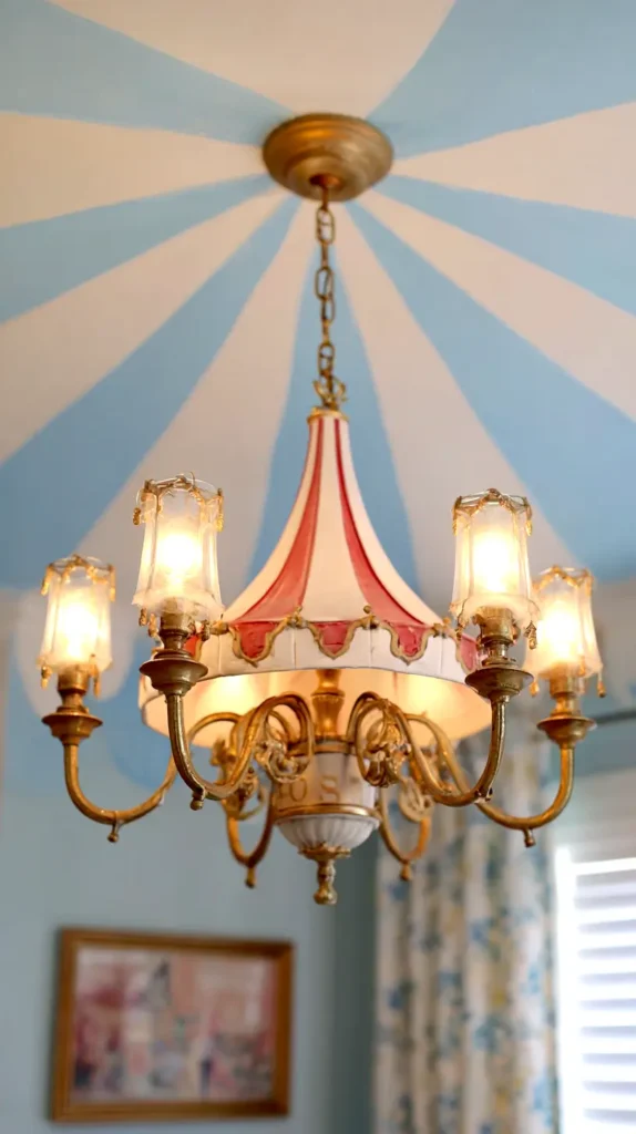 red and white striped old chandelier with blue and white striped ceiling meeting in the center 