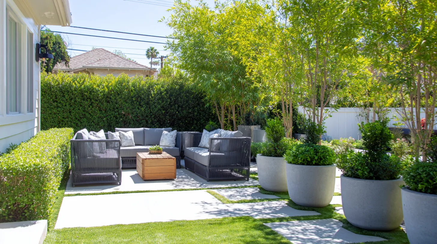 planters, shrubs, sitting area