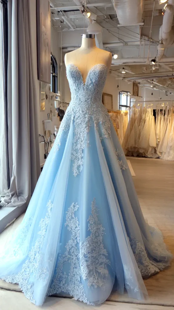 light blue wedding dress, floor length