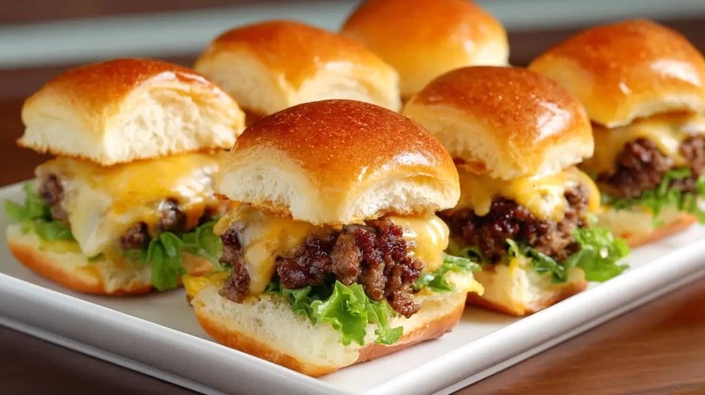 cheeseburger sliders in two rows on white platter