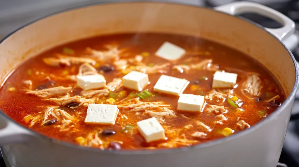 cream cheese blocks on top of broth in a pot