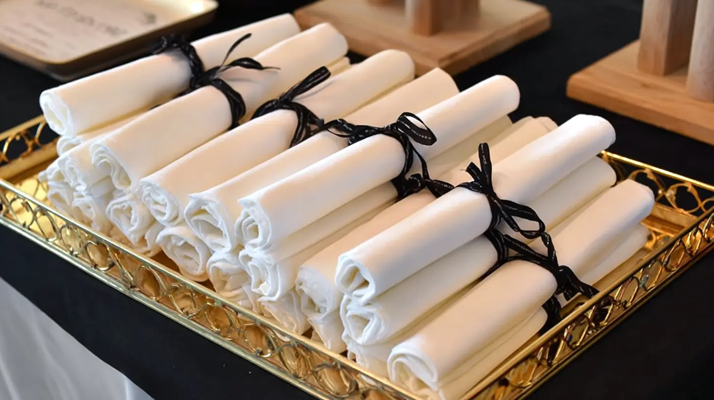 white cloth napkins rolled up and tied with a black ribbon, like a diploma