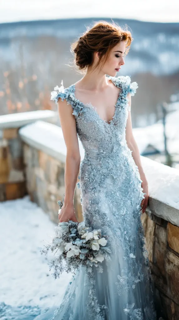 woman in an ice blue gown, outside, snow