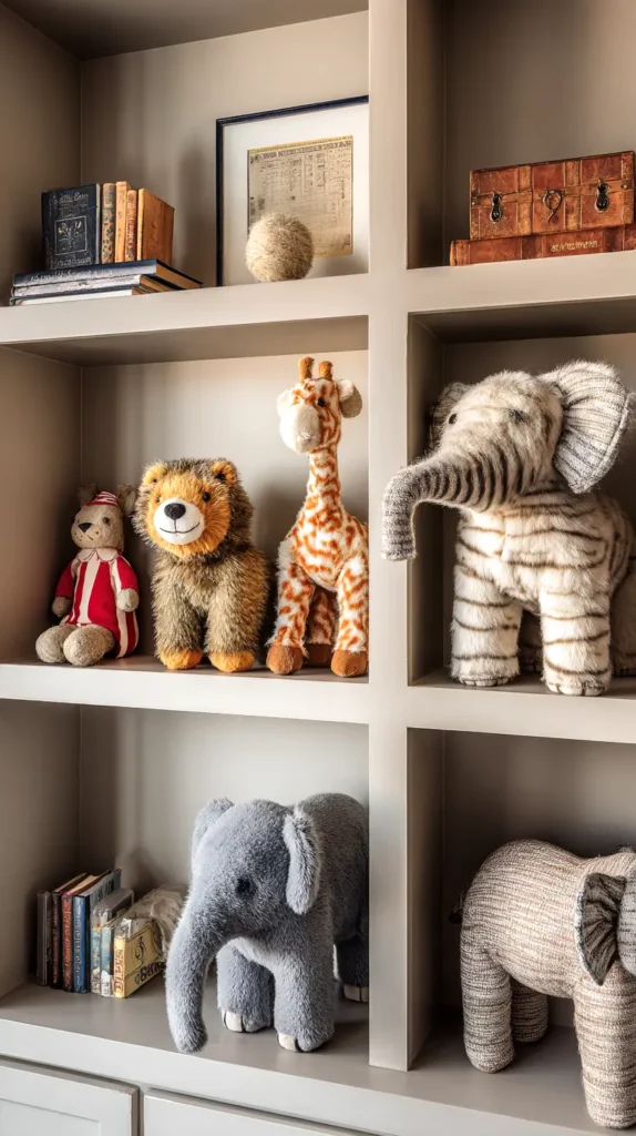 classic stuffed animals on shelves