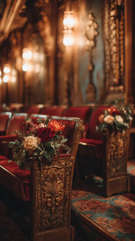 old movie theatre red chairs with flowers on the end