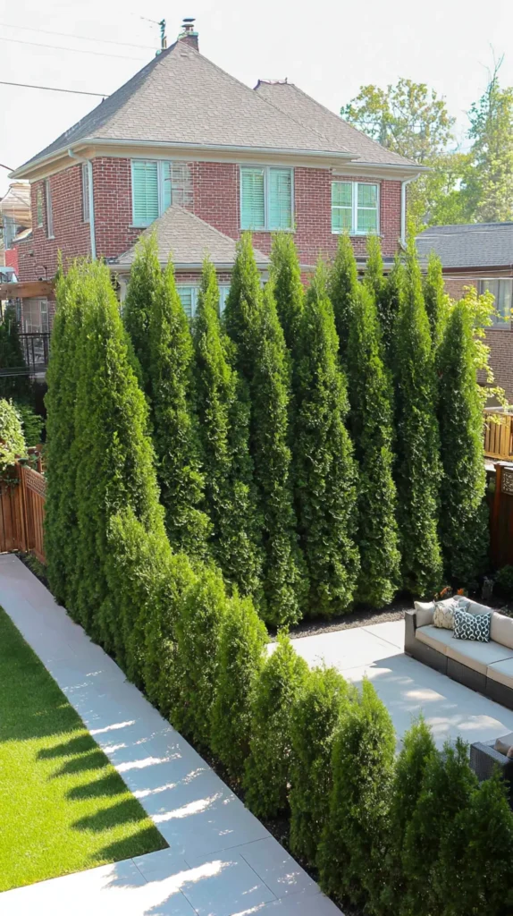 seating area, tall thin trees, greens
