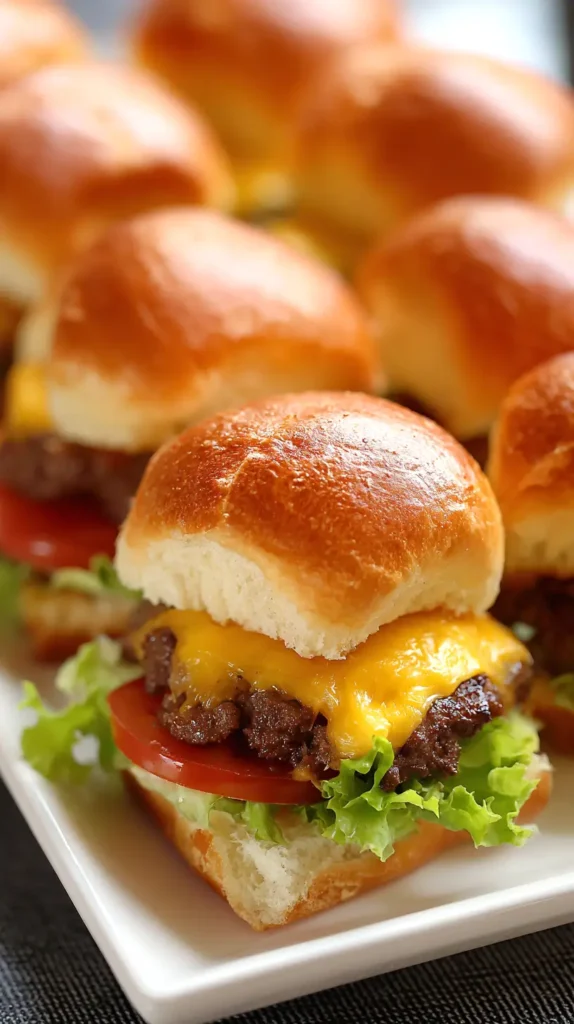 cheeseburger sliders topped with lettuce and tomato slices