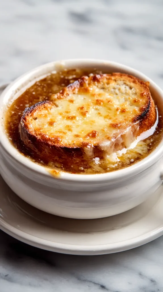 french onion soup in a white bowl