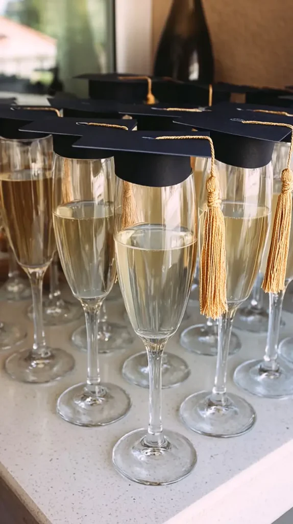 champagne glasses topped with mini graduation caps