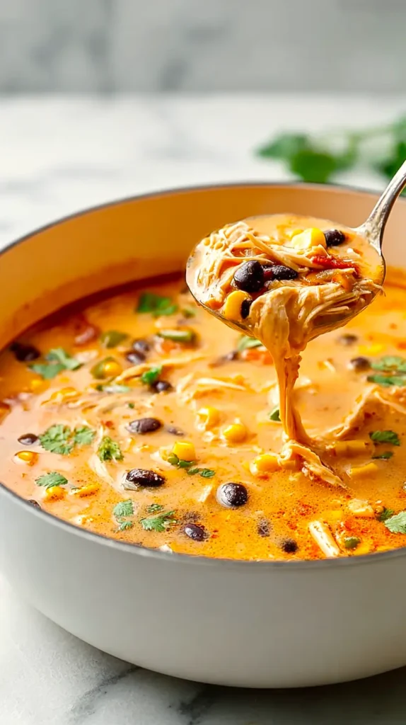 chicken enchilada soup being spooned up rom a white bowl