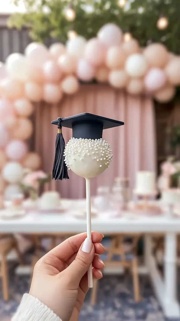 white cake pop with a black fondant graduation cap and tassel