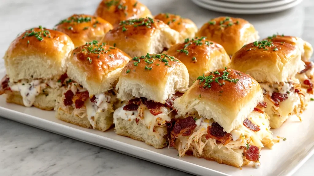chicken bacon ranch sliders on a white platter
