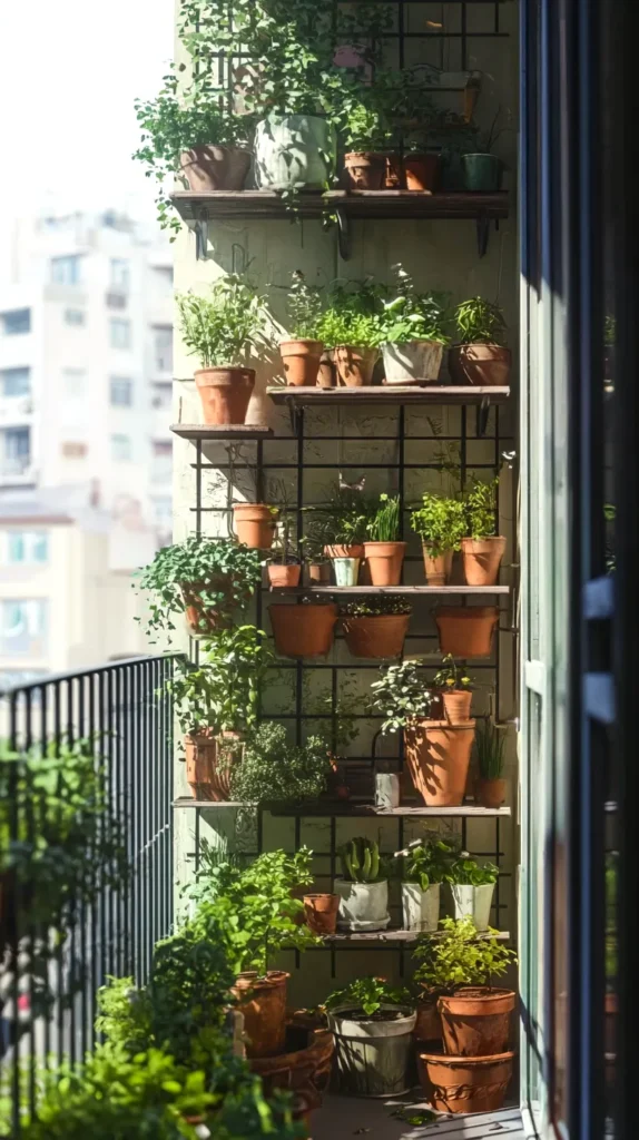 plant shelf on a narrow balcony in the city