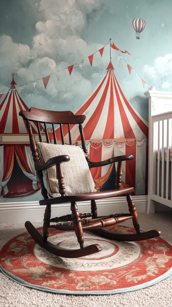 wall mural, vintage circus nursery, rocking chair, rug