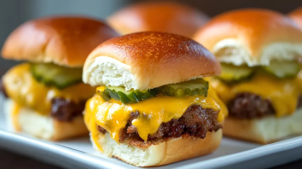 cheeseburger sliders on white plate
