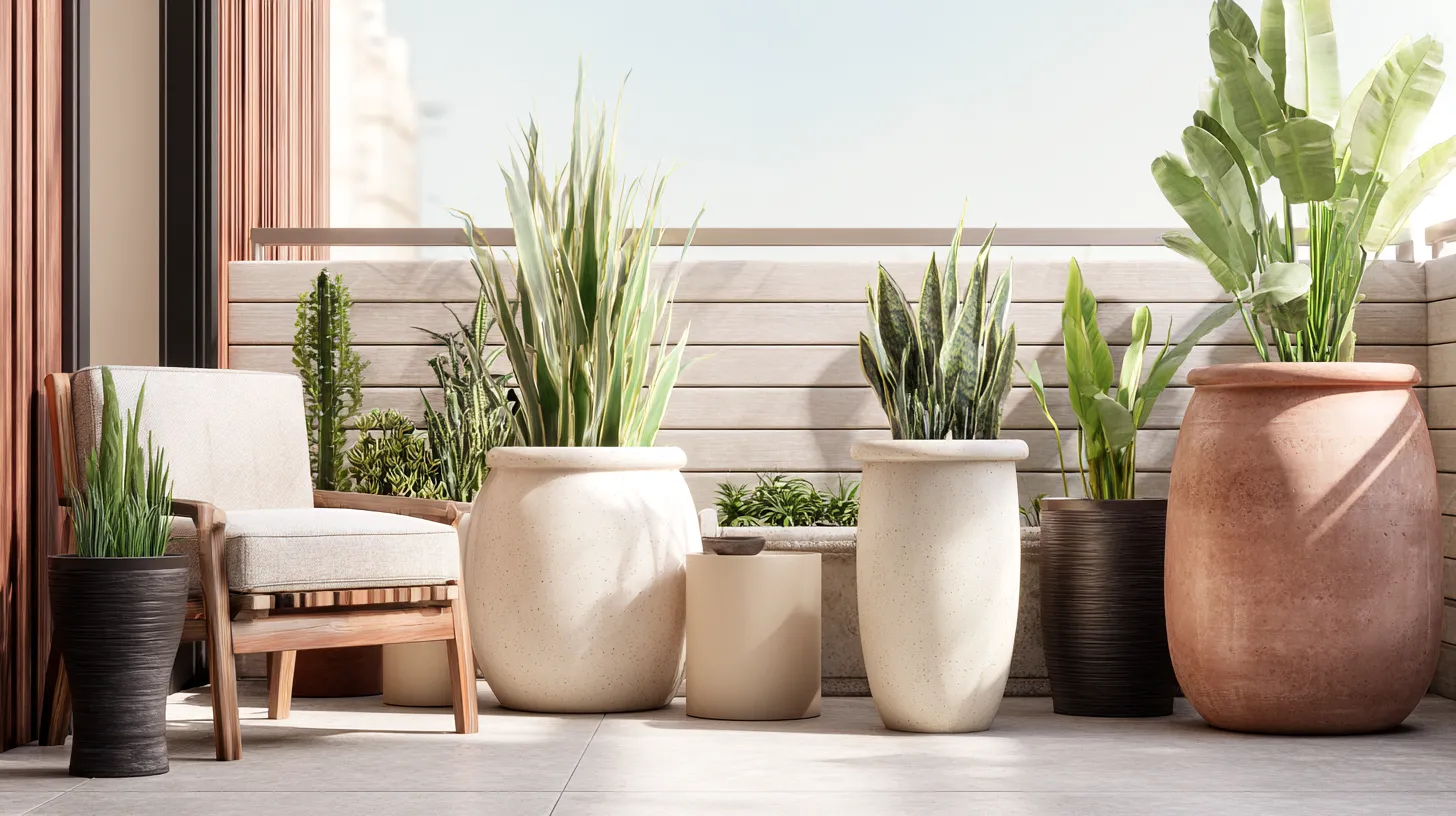 neutral color planters, and chair, urban garden