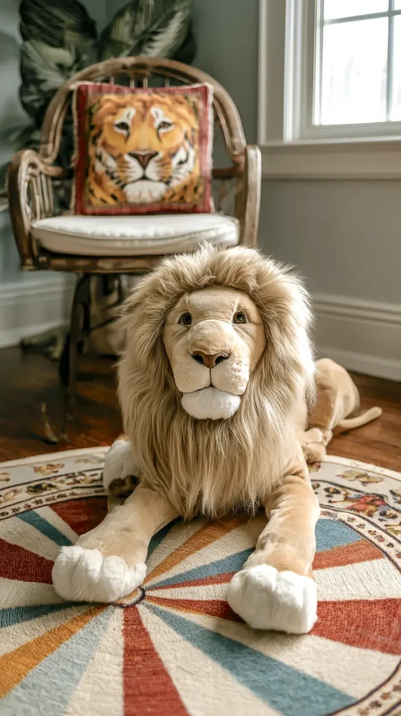 giant lion stuffed animal on a circular rug