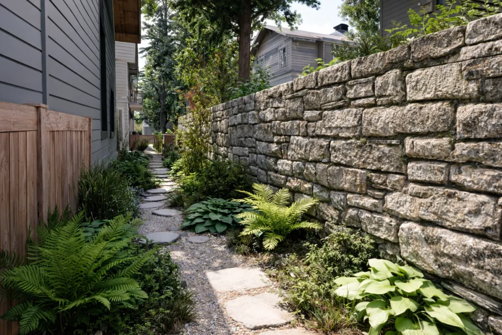 backyard privacy ideas, stone wall and path
