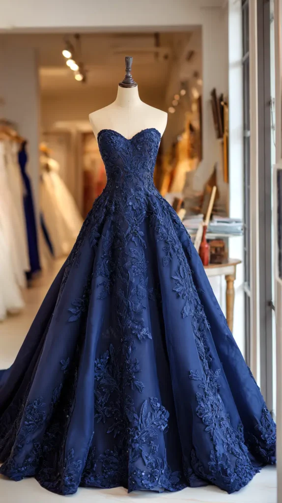 navy blue strapless wedding gown