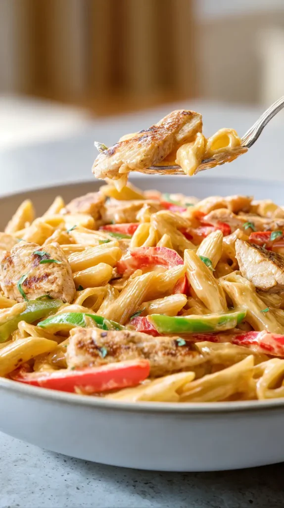 bite being taken up on a fork of cajun chicken pasta