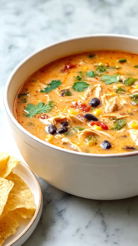 chicken enchilada soup in a white bowl, next to a side of tortilla chips