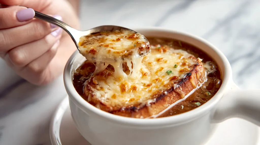 french onion soup, spoon 