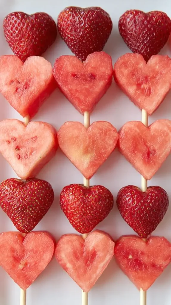 strawberry and watermelon slices in heart-shapes on wooden skewers