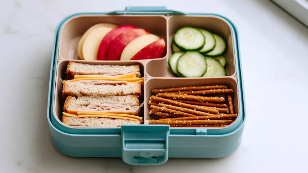 school lunch ideas for kids, bento box, apples, cucumbers, pretzels, sandwich