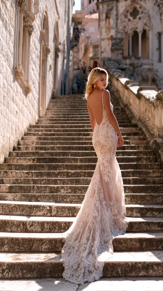 lace wedding dress, woman, outside, steps