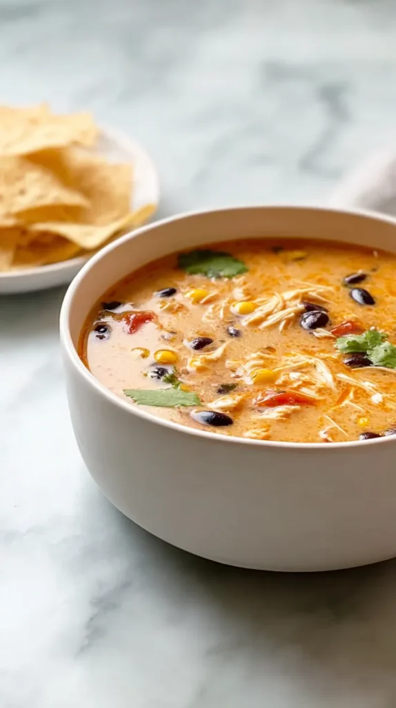 chicken enchilada soup with a side of chips on the counter