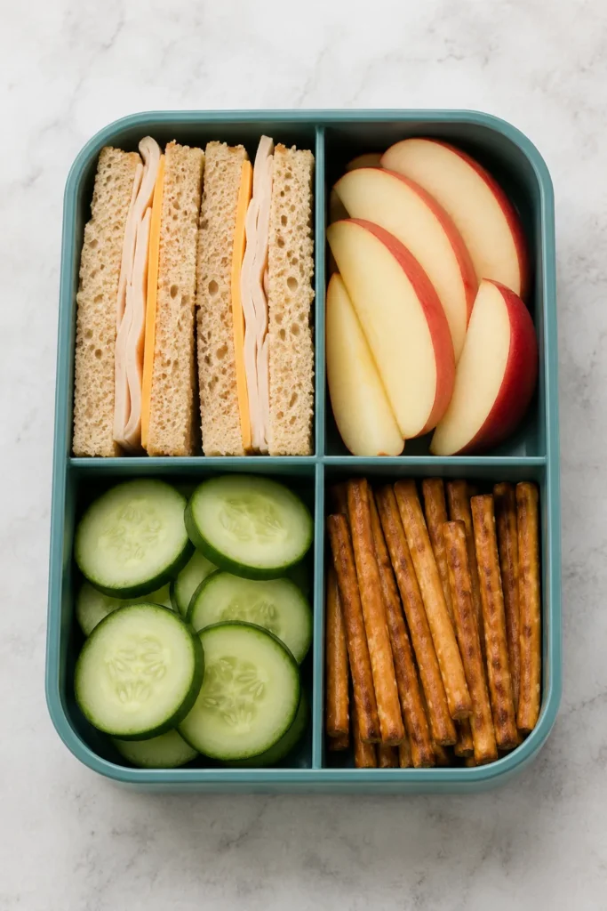 Teal bento box with four compartments containing sandwiches with ham and cheese, apple slices, cucumber rounds, and pretzel sticks on marble background