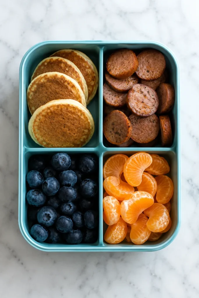 Turquoise compartmentalized lunch box with pancakes, cinnamon cookies, blueberries, and mandarin oranges on marble background