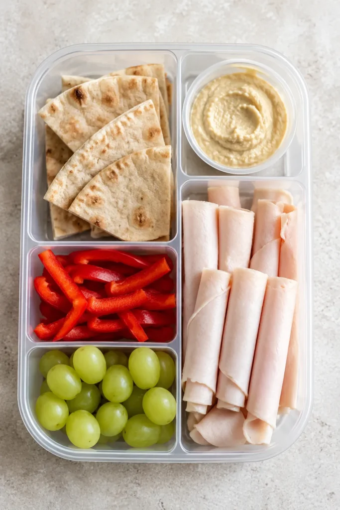 Clear compartment container with pita bread, hummus, sliced deli meat, red bell peppers, and green grapes arranged for a balanced school lunch