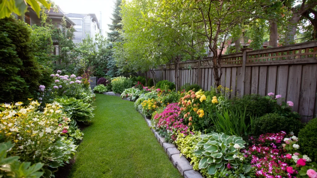 backyard, fence, flowers, grass