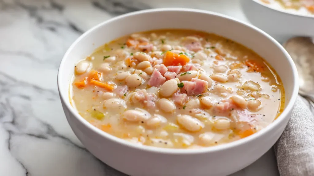 Overhead view of creamy ham and bean soup in a white ceramic bowl on a white marble countertop, thick velvety navy bean broth with shredded ham, finely diced carrots and celery, and light black pepper on top.