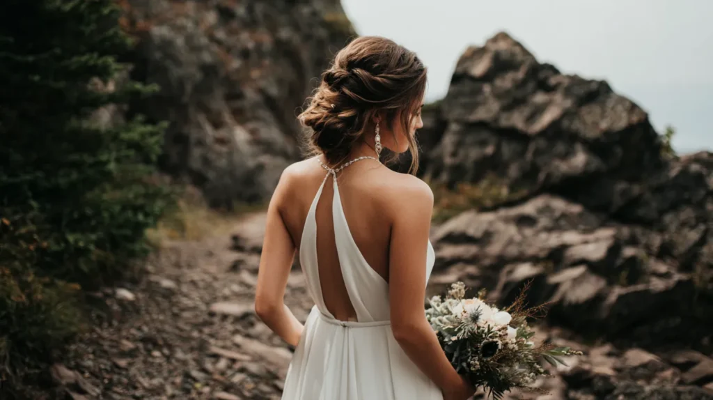 minimalist wedding dresses, bride on a rocky beach