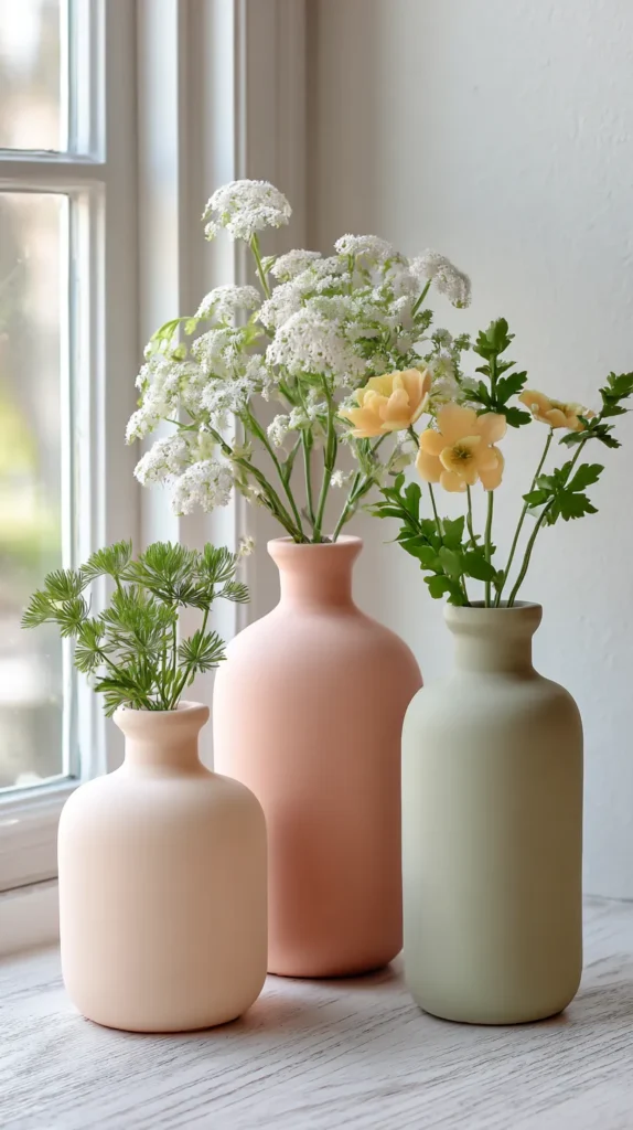 Matte chalk-painted pastel vases grouped together with one stem in each vase.