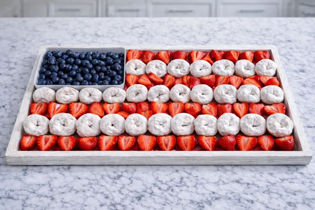 American flag shape with blueberries, strawberries, and white powdered donuts 