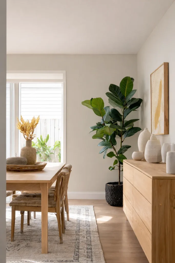 dining room with an indoor plant in the corner