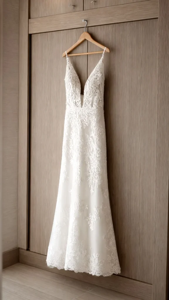 white lace wedding gown hanging on a wooden hanger in front of a cabinet