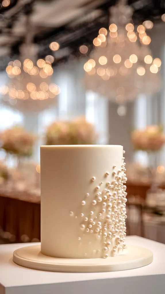 one-tier simple minimalist wedding cake with white pearl accent
