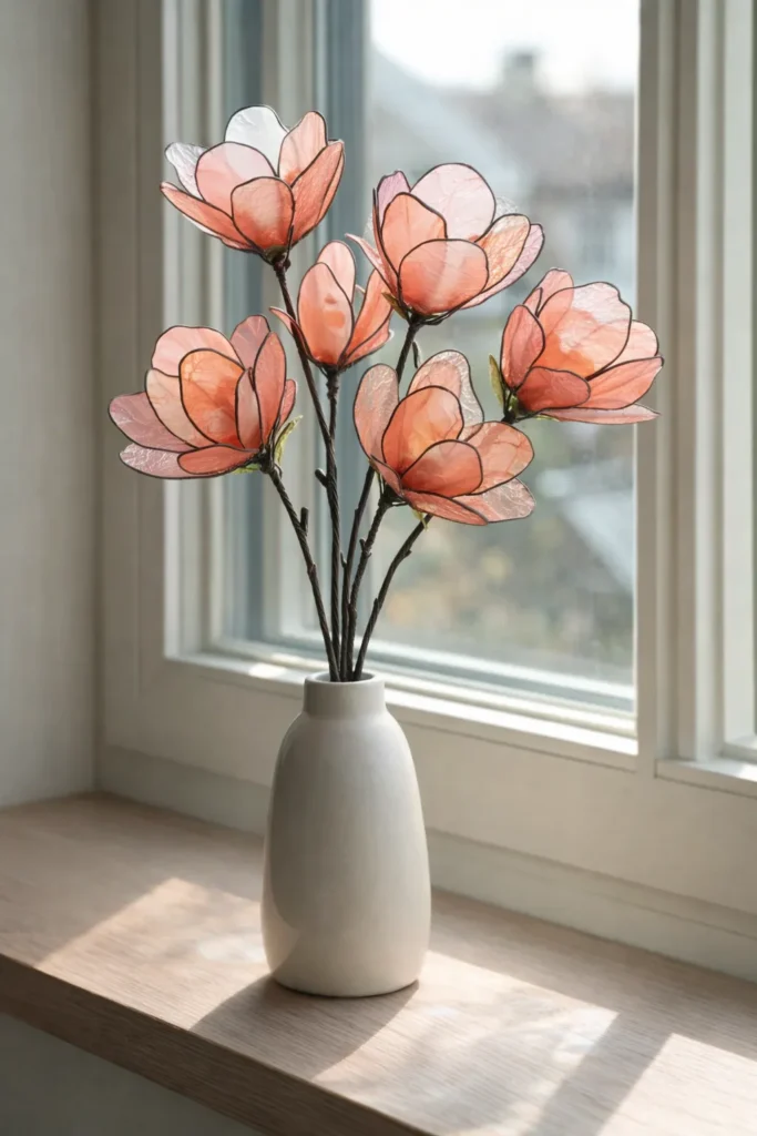 Handmade stained glass style flower bouquet with translucent petals and dark outlines in a simple vase.