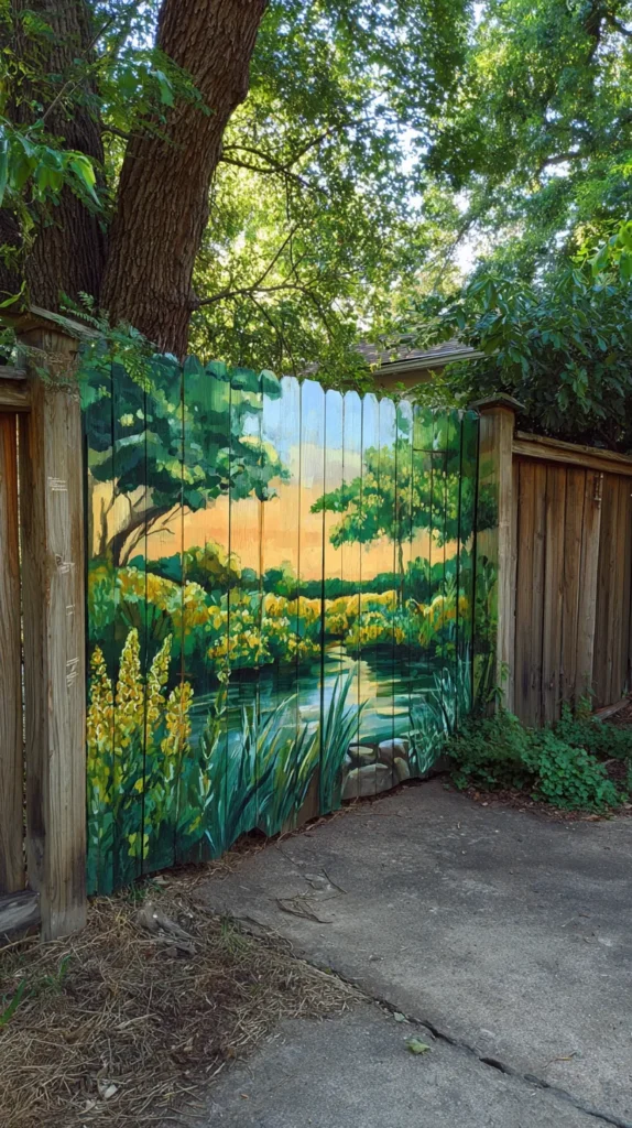 painted wall mural on a fence in the backyard outside