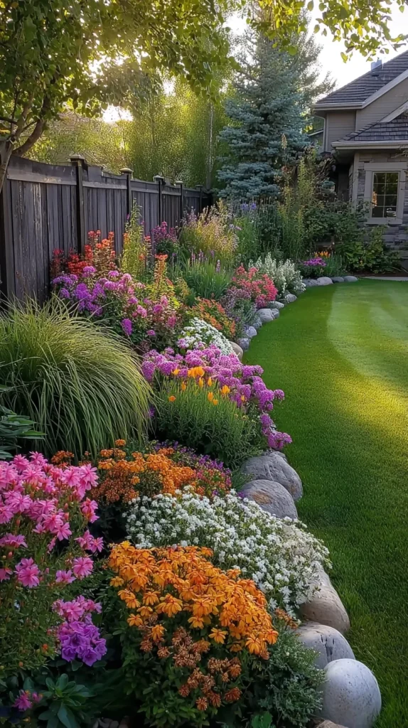 backyard fence, flowers, green grass, stones, landscaping in the back of a home