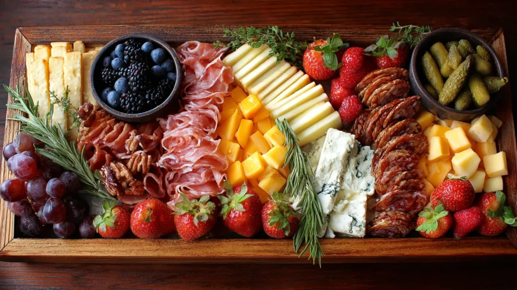 traditional and classic grazing board: meats, cheese, fruits