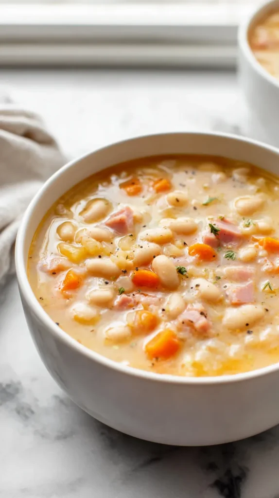 Overhead view of creamy ham and bean soup in a white ceramic bowl on a white marble countertop, thick velvety navy bean broth with shredded ham, finely diced carrots and celery, and light black pepper on top.