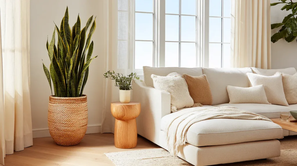 living room, sofa, plant, neutral clean space