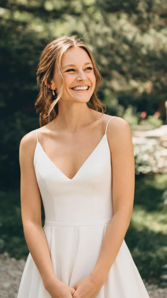 bride wearing a minimalist wedding dress, no sleeves, spaghetti straps, she is smiling
