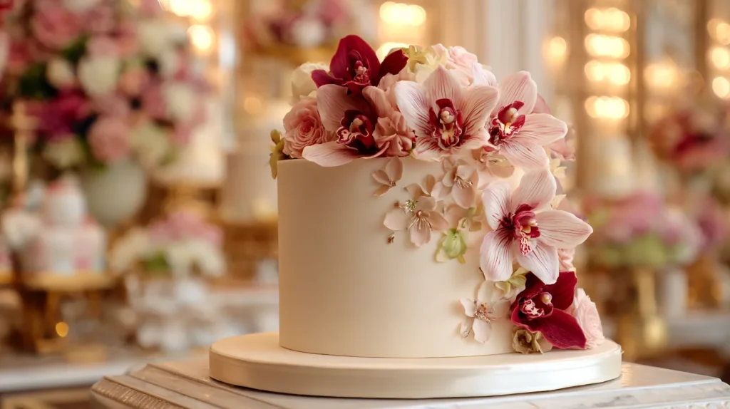 wedding cake with floral design, one-tier